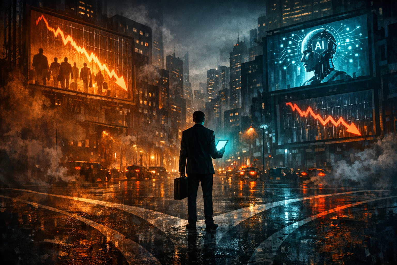 Ein Jobsuchender steht an einer Kreuzung in einer futuristischen Stadtlandschaft, mit digitalen Bildschirmen die Schlagzeilen zu Einstellungen und Entlassungen zeigen