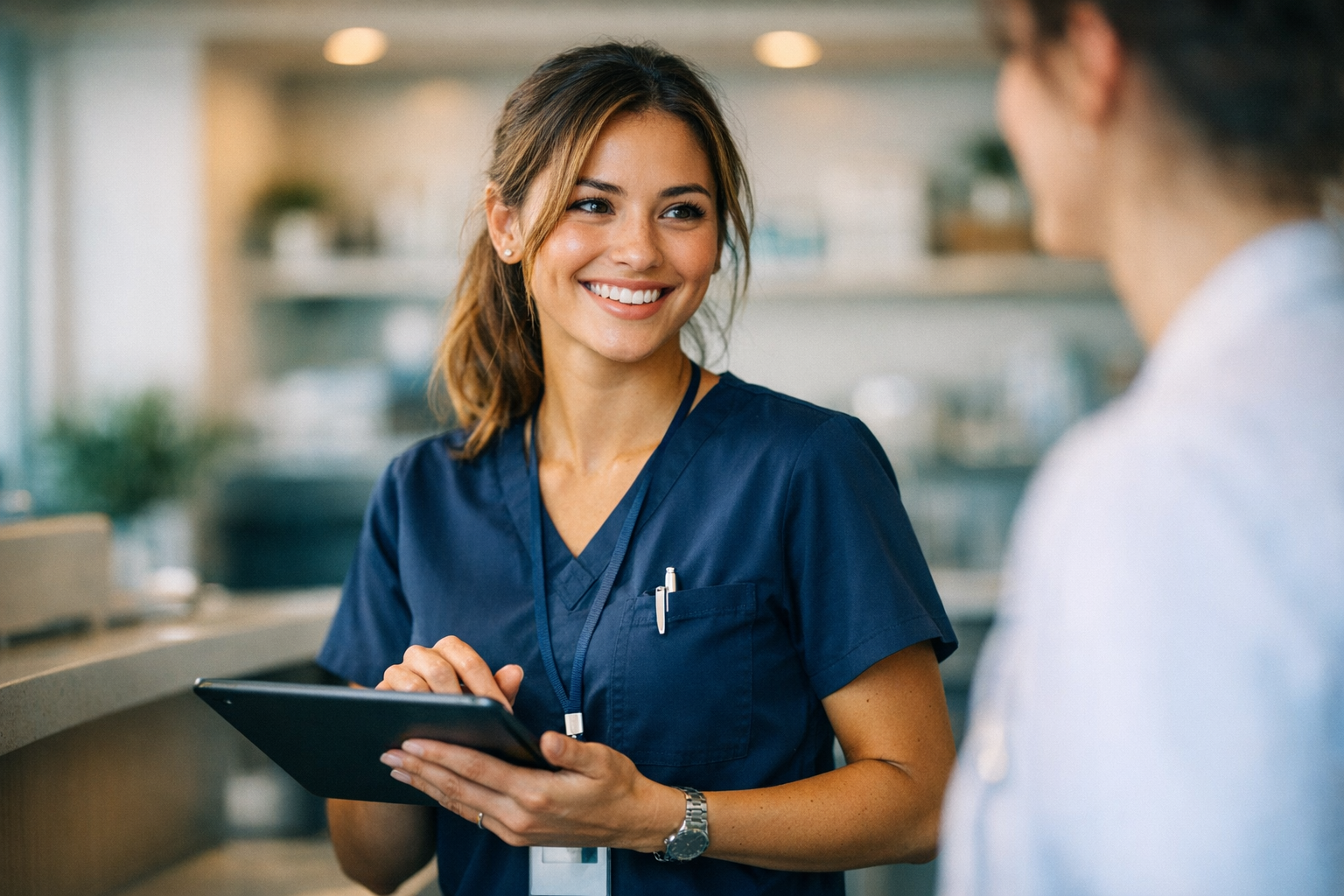 Medical assistant reviewing patient files at a healthcare clinic reception desk