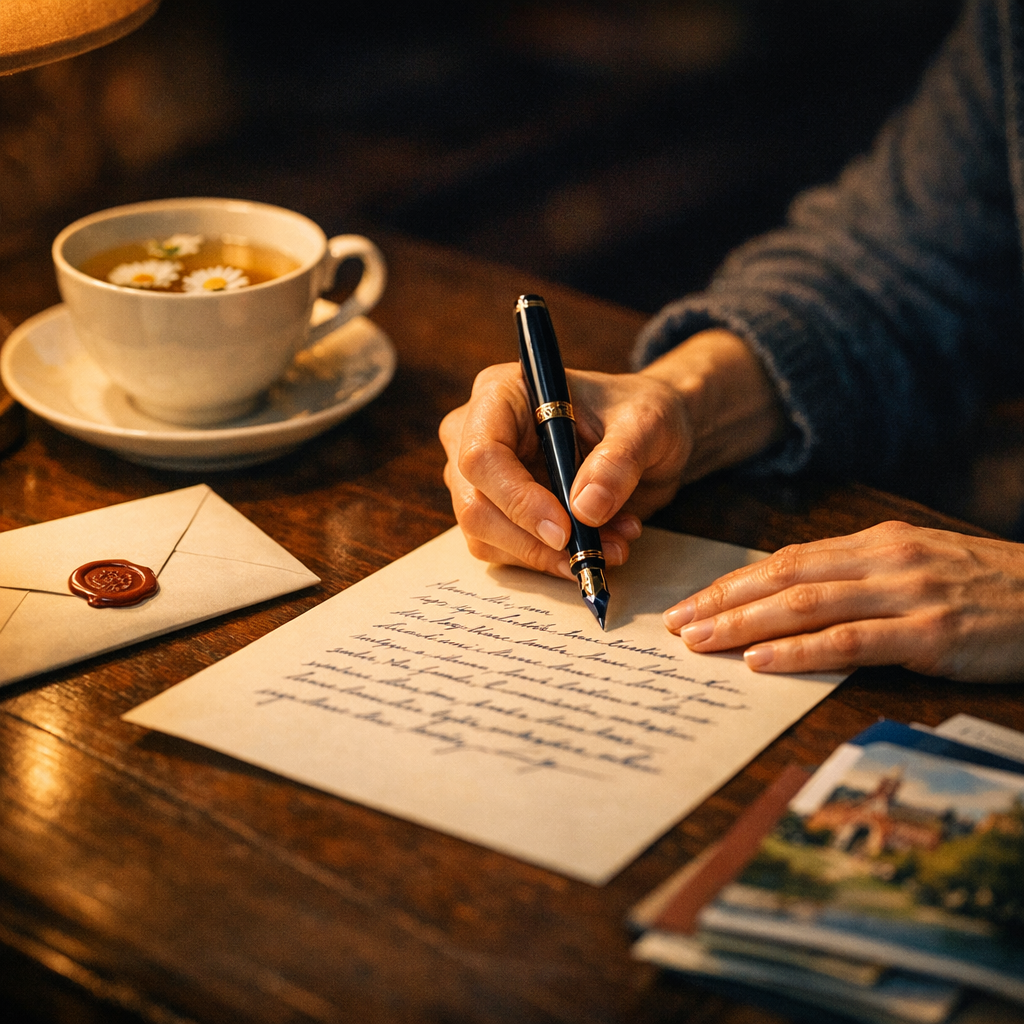 Person writing a motivation letter at a desk with university materials