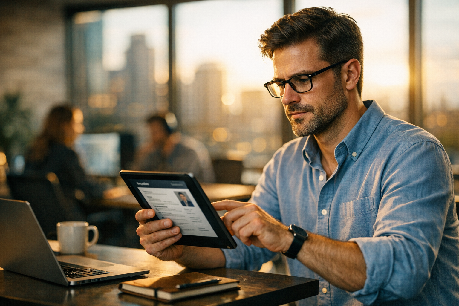 Professionnel comparant des outils de création de CV sur tablette dans un espace de travail moderne