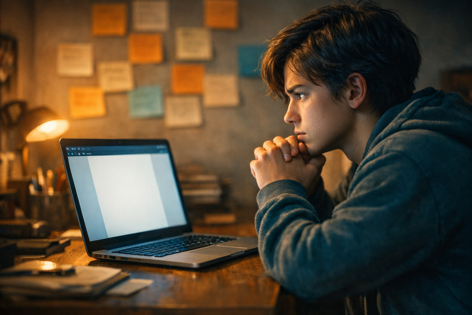 Jovem preparando com confiança o primeiro currículo em sua mesa de estudos